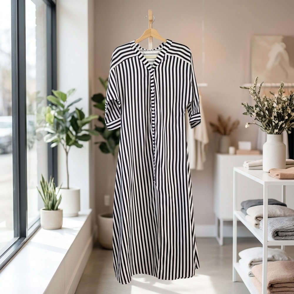 Black & White Vertical Stripe Maxi Shirt Dress / Duster - Picture 2 of 7
